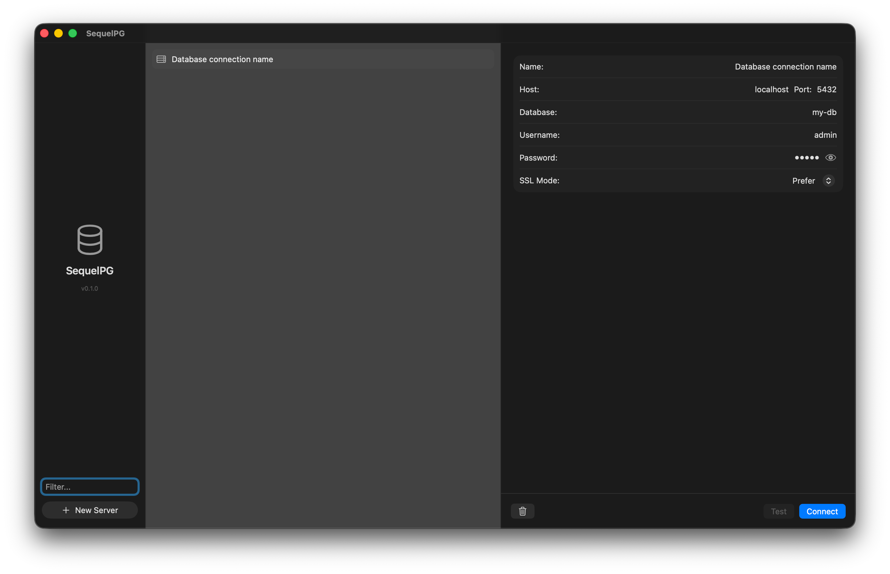 SequelPG connection form with host, port, database, username, password, SSL mode picker, and SSH tunnel configuration section on macOS