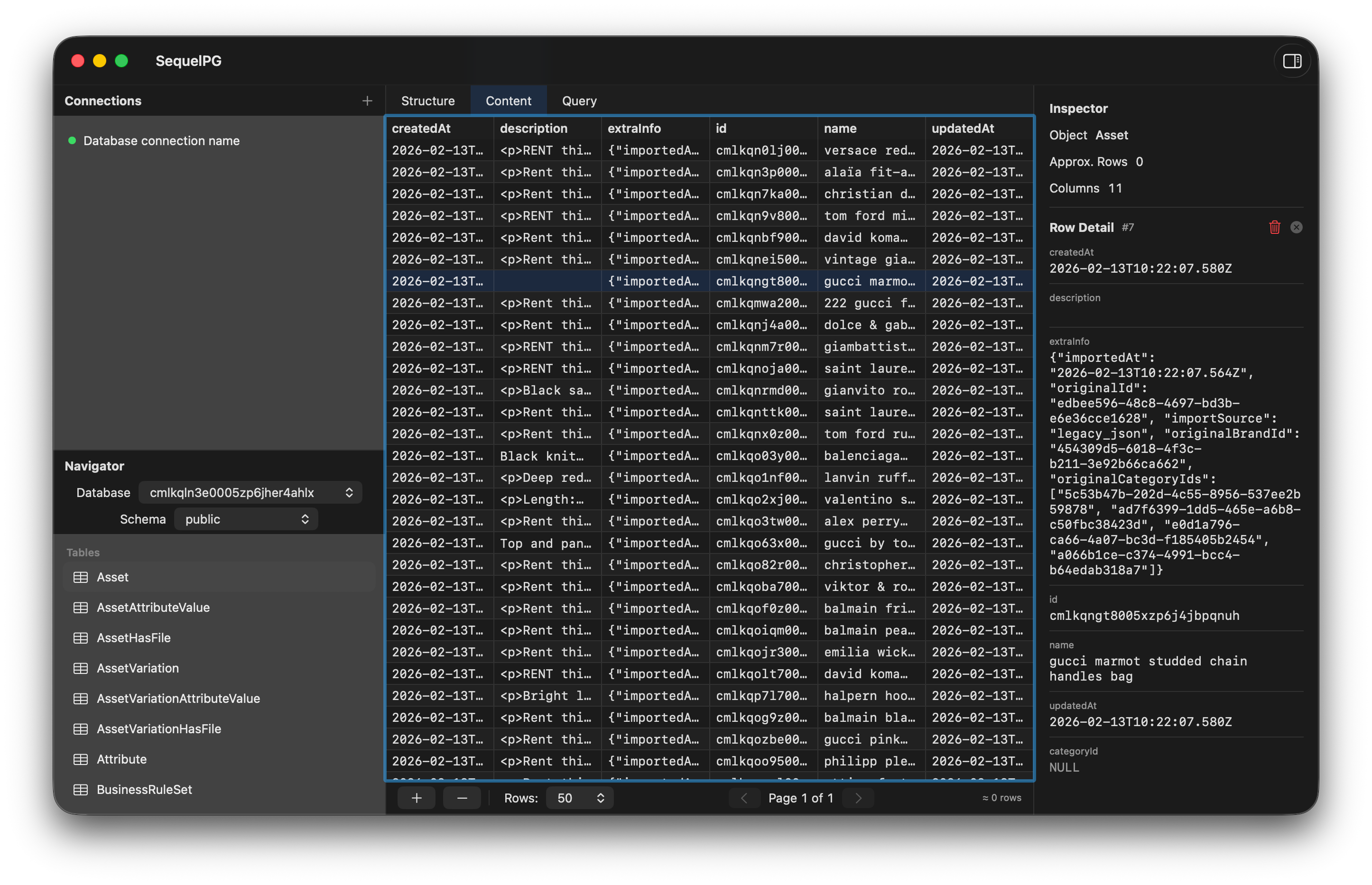 SequelPG Content view showing table rows in a native macOS Table grid with column sorting and inline cell editing