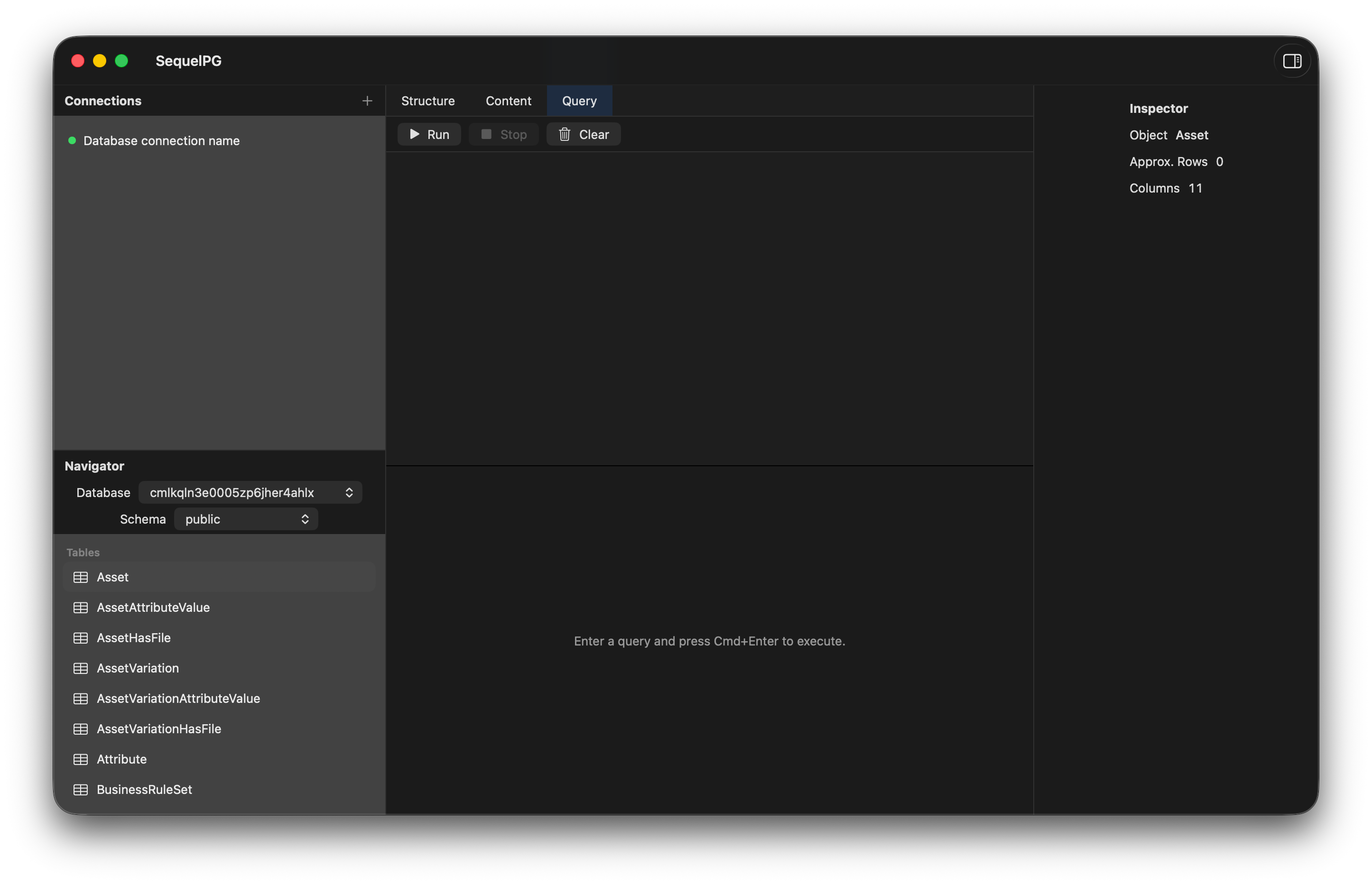 SequelPG main interface on macOS showing tree navigator, tabbed workspace, table grid, and inspector panel