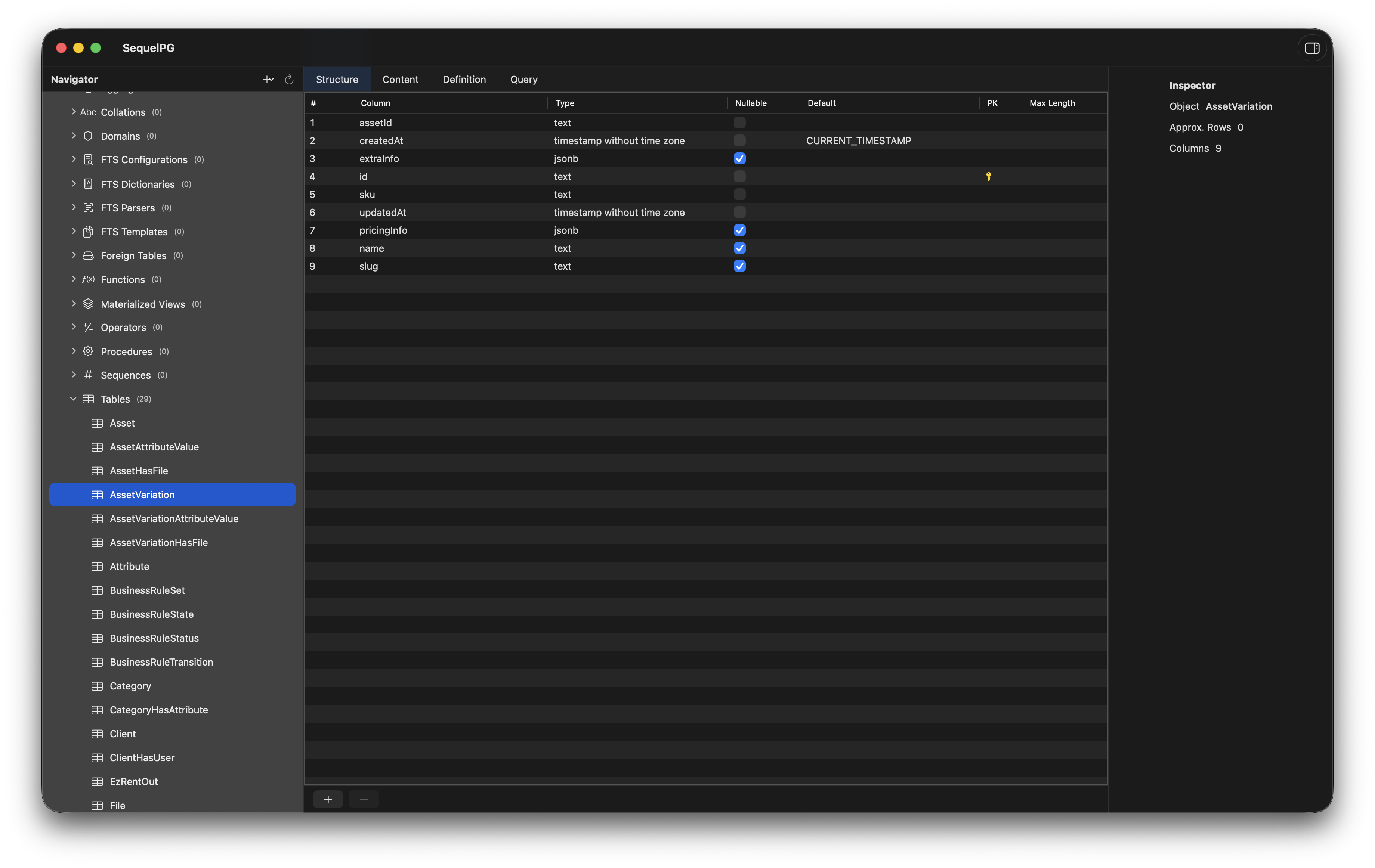 SequelPG structure view with schema editing: add, drop, rename columns, change types, toggle nullable on macOS