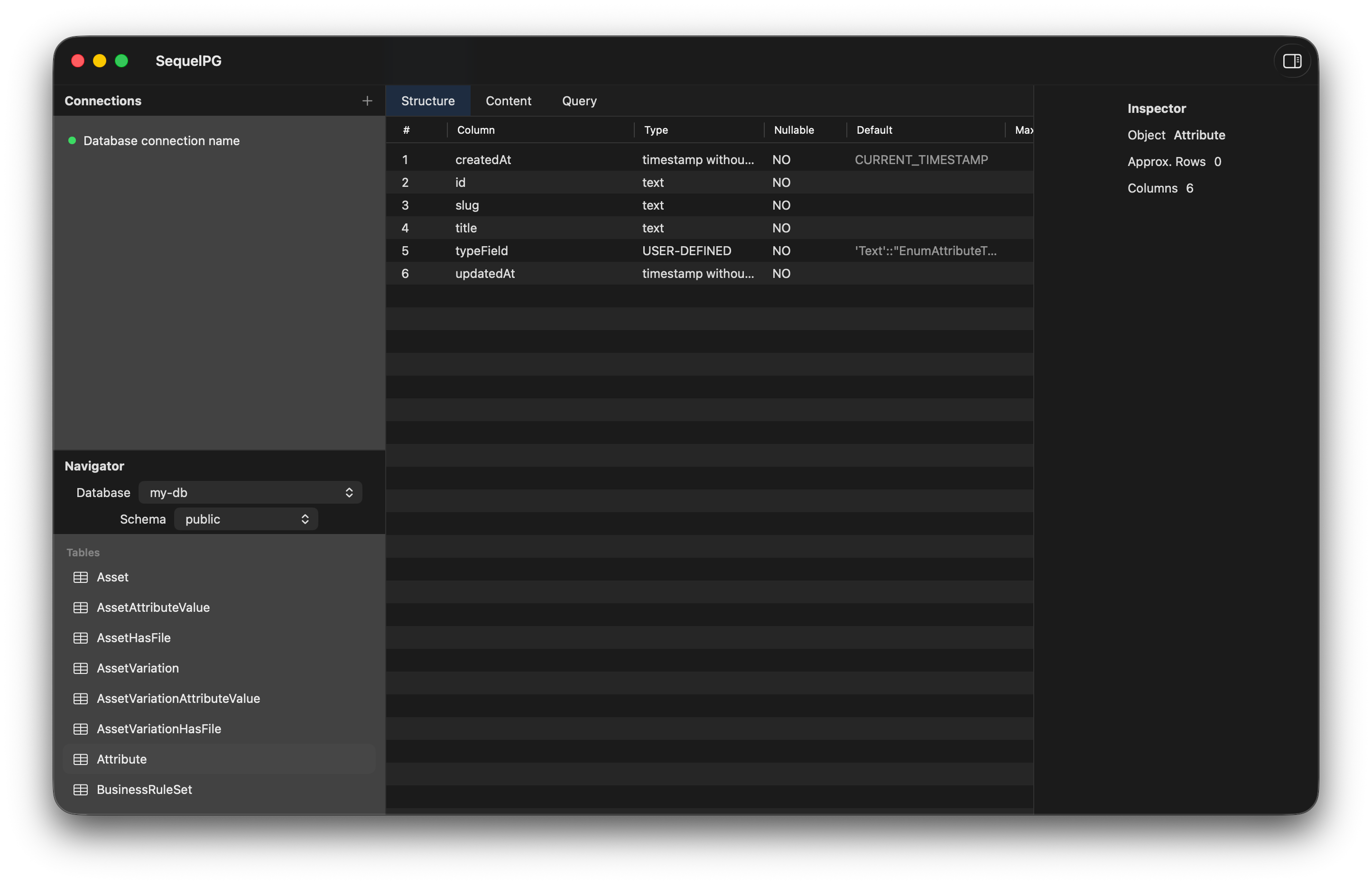 SequelPG Structure tab showing table columns, data types, nullable flags, and default values on macOS
