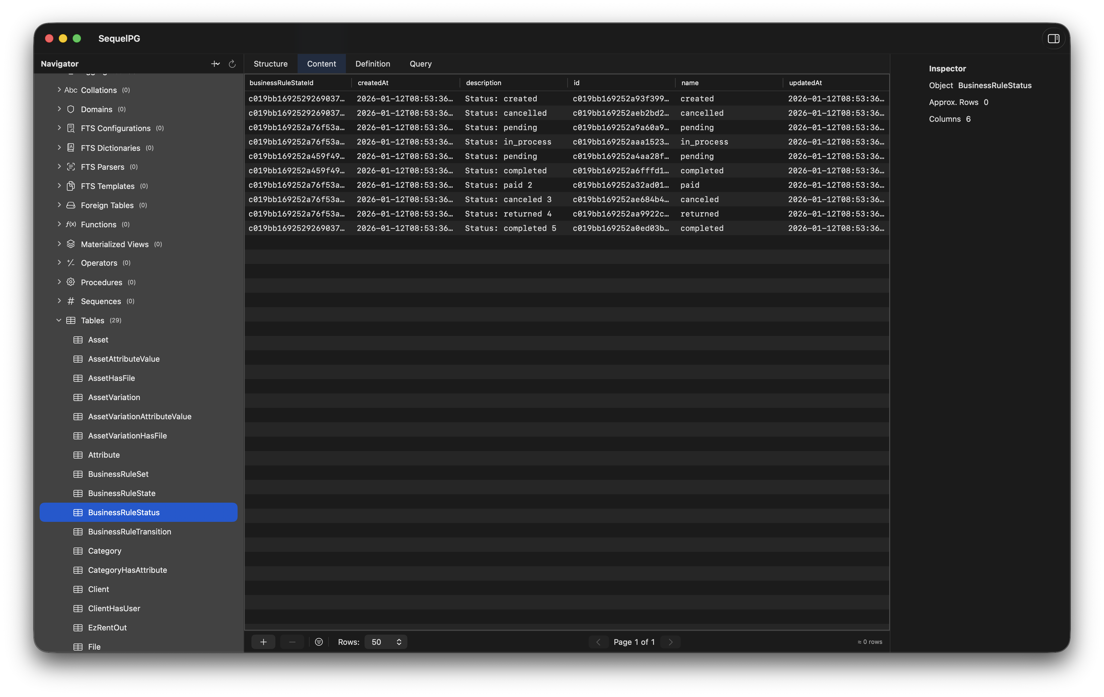 SequelPG macOS PostgreSQL GUI with iTerm2-style tabs and hierarchical tree navigator showing databases, schemas, and 17 object categories